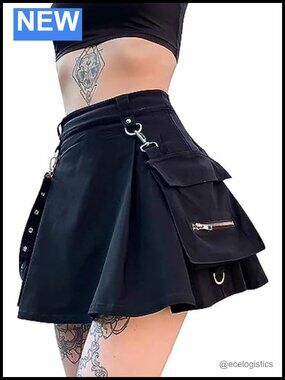 High Waisted Pleated Goth Mini Skirt with Chain, Side Pocket, Y2K Emo Tennis